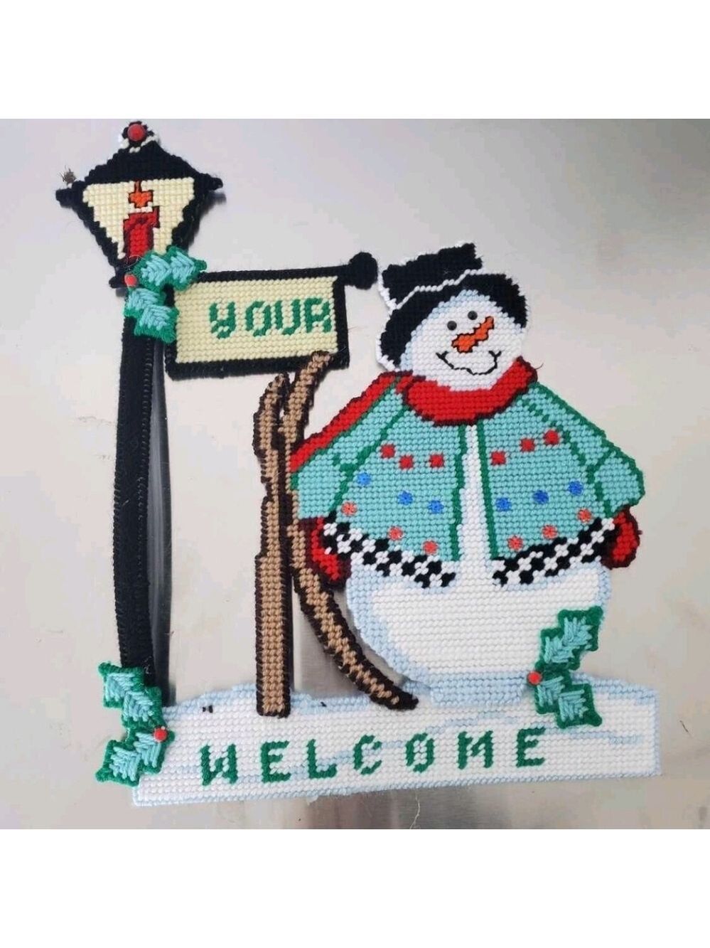 Festive Snowman Welcome Sign with Red and Green Accents